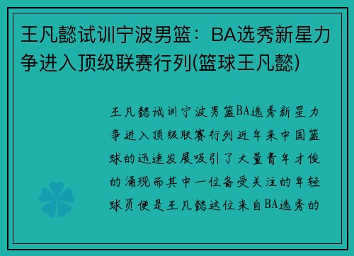 王凡懿试训宁波男篮：BA选秀新星力争进入顶级联赛行列(篮球王凡懿)